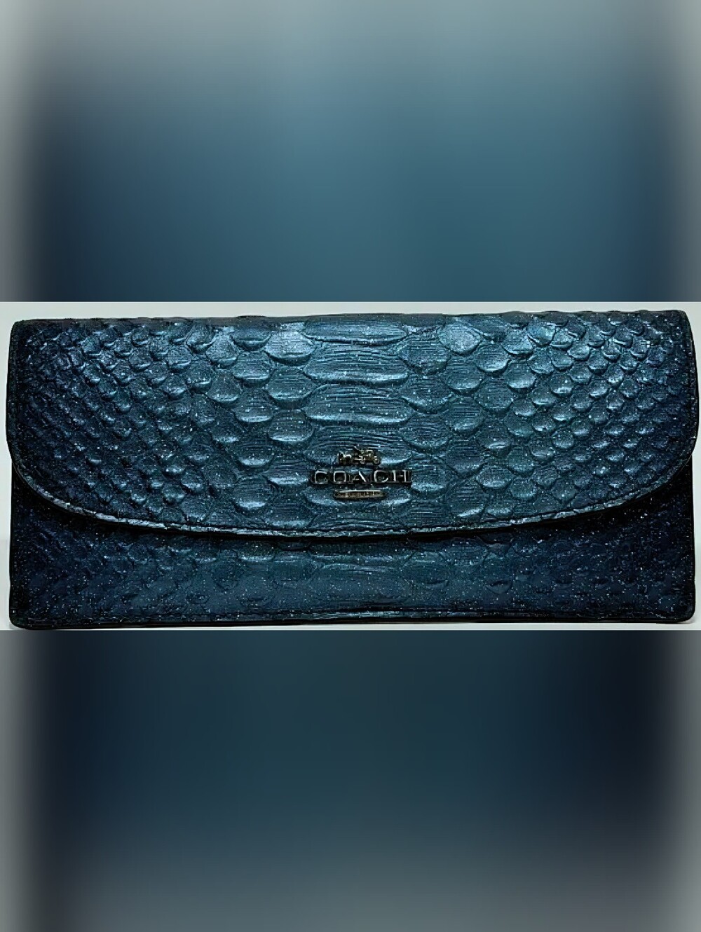 Coach Slim Envelope Wallet Metallic Blue Python Snake Embossed Leather